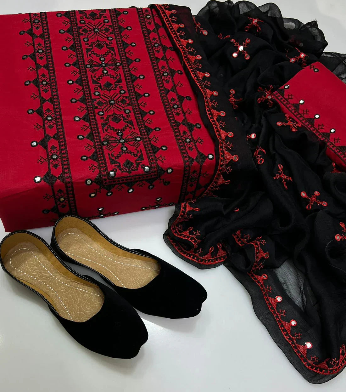 4pc Mirror Embroidered Dress Red/Black (Khussa Gift)