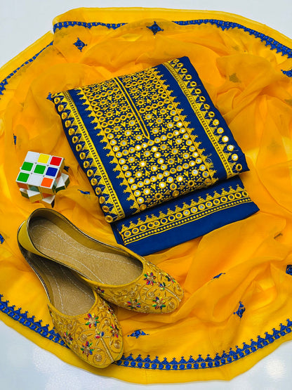 4pc Mirror Embroidered Dress Yellow/Blue (Khussa Gift)