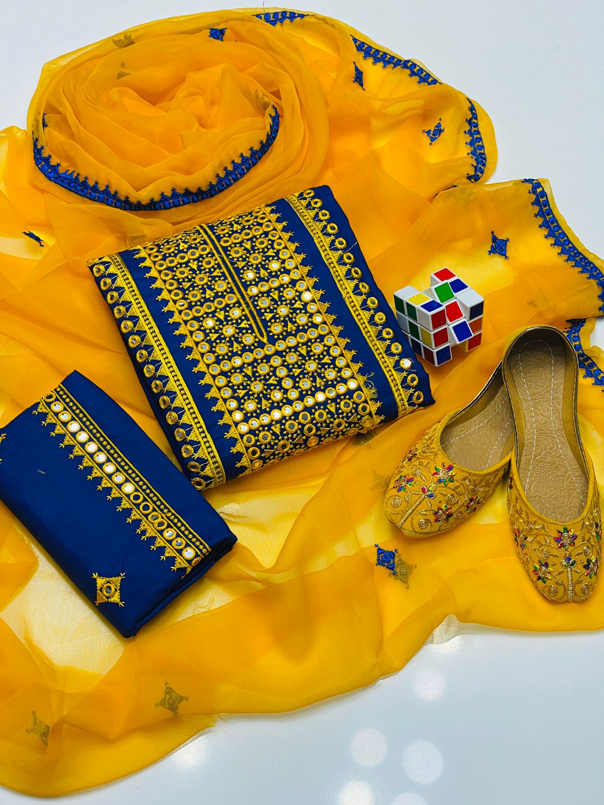 4pc Mirror Embroidered Dress Yellow/Blue (Khussa Gift)