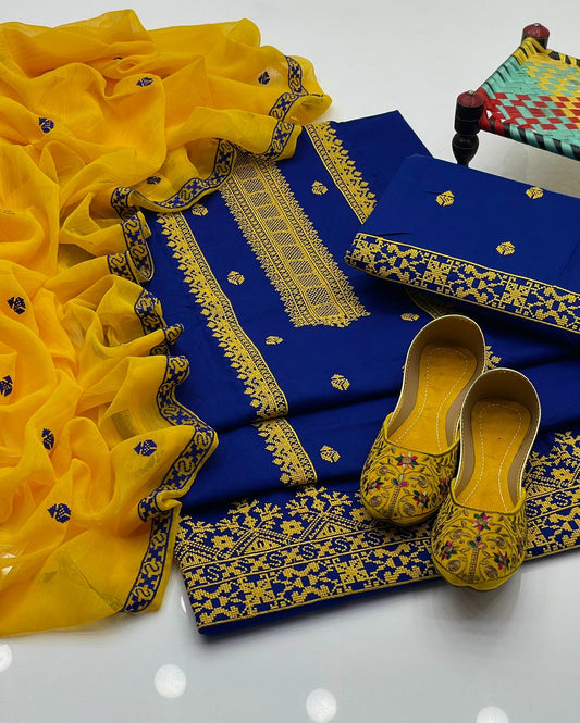 4pc Embroidered Dress Yellow/Blue  (Khussa Gift)