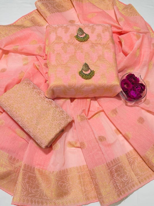 3pc Pink Banarsi Style Cotton Jacquard Dress