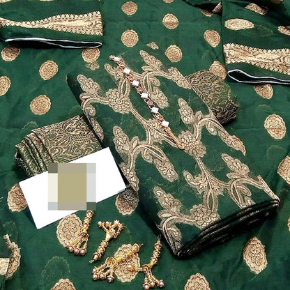 3pc Green Banarsi Style Cotton Jacquard Dress