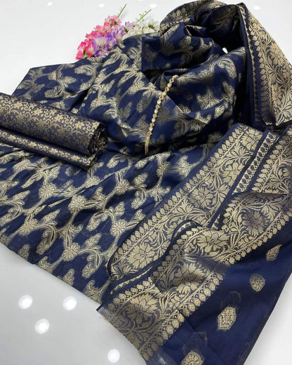 3pc  Blue Banarsi Style Cotton Jacquard Dress