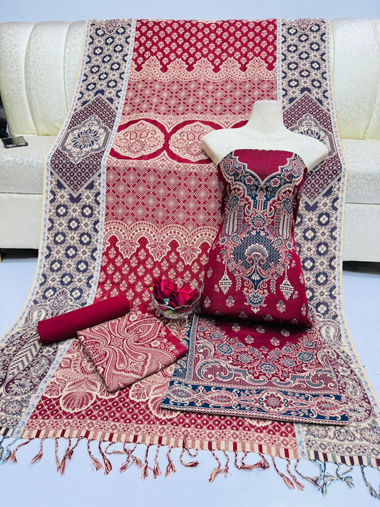 3pc Wool shawl Dress Meroon
