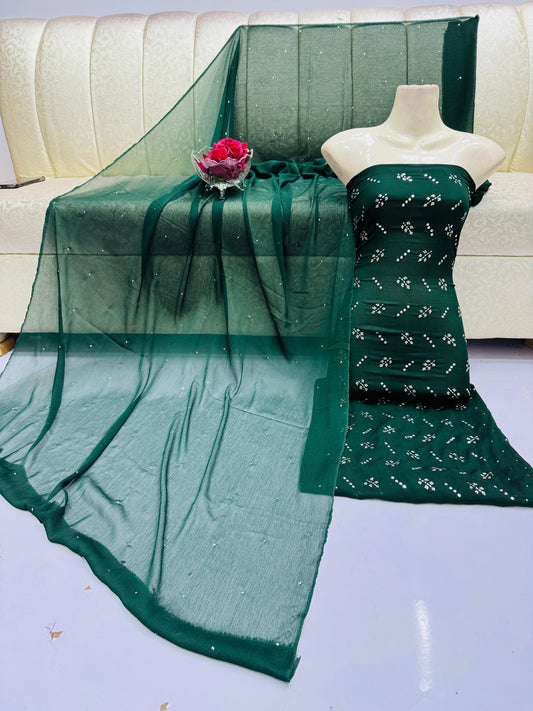 2pc Chiffon Mukesh Work(Shirt& Dupatta) Green