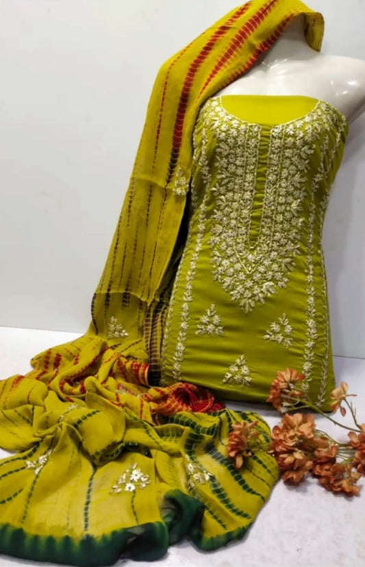 3pc Lawn Gotta Work Jall  Dress (Tie & Dye Dupatta) Green