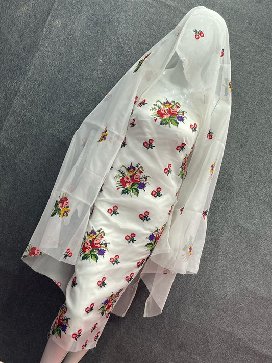 3pc Khaddi Net Cross stitch multi Embroidered Dress