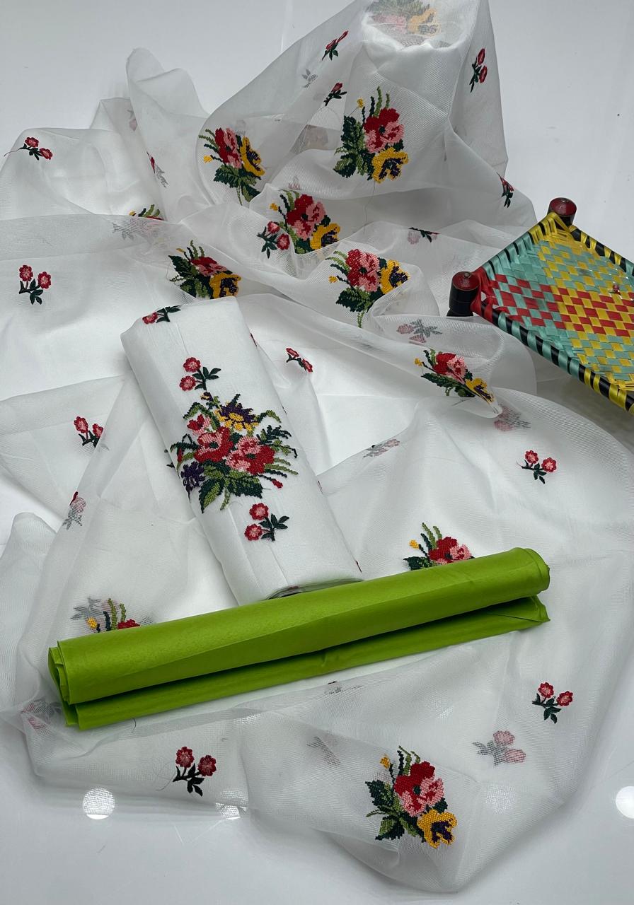 3pc Khaddi Net Cross stitch multi Embroidered Dress