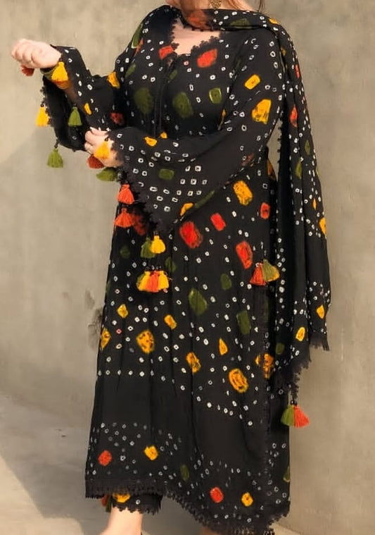 3pc Winter Linen Dress (Multi Black)