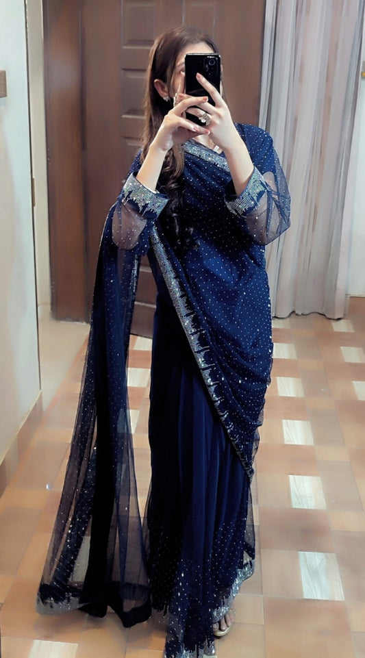 Unstitched Stone Work Saree With Blouse