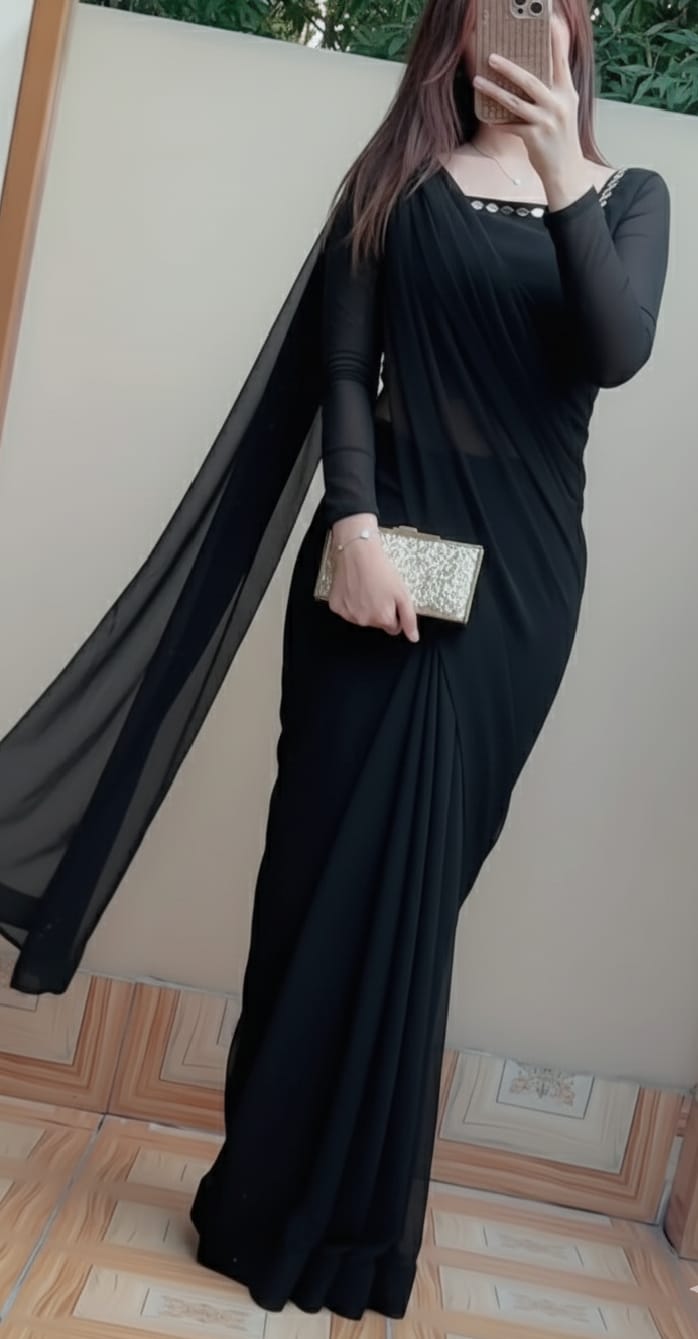 Stitched Mirror Chiffon Saree With Peti Coat