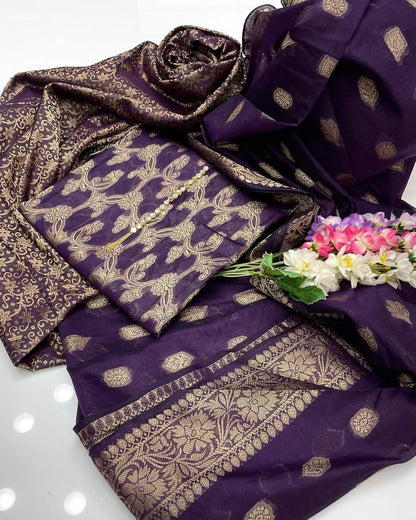 3pc Purple Banarsi Style Cotton Jacquard Dress