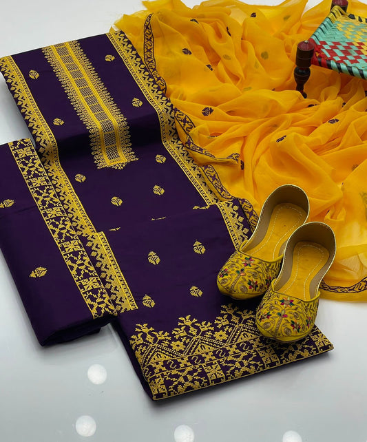 4pc Embroidered Dress Yellow/Purple (Khussa Gift)